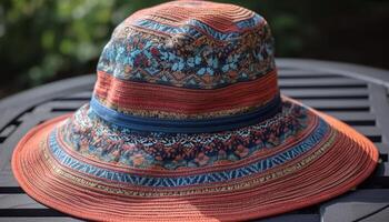 Woven straw hat with colorful patterned band generated by AI photo