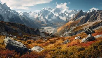 Majestic mountain range offers tranquil autumn landscapes generated by AI photo