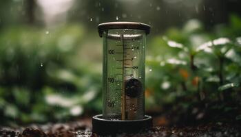 Fresco soltar de lluvia en verde hoja generado por ai foto