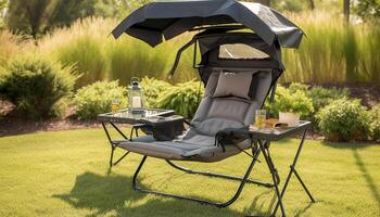 garden chair with umbrella and table generated by AI photo