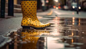 Yellow umbrella splashes wet zebra crossing, woman walking generated by AI photo