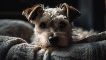 Fluffy terrier portrait indoors, winter fur cozy generated by AI photo