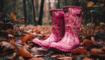 Women rubber boots trek through muddy autumn forest generated by AI photo