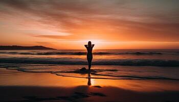 silueta de mujer meditando en sereno orilla generado por ai foto