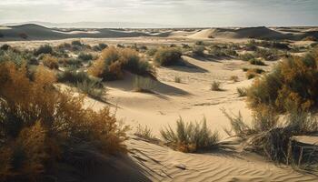 tranquilo puesta de sol terminado amarillo arena dunas en arabia generado por ai foto