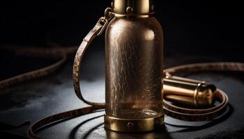 oscuro whisky vaso refleja antiguo pasado de moda elegancia, brillante metal generado por ai foto