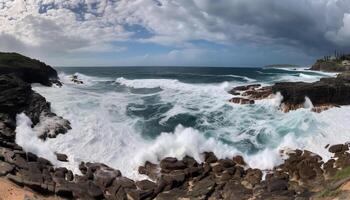 Rough waters crash against cliff, beauty found generated by AI photo