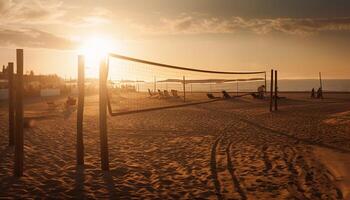 silueta de vóleibol red en contra oscuridad cielo generado por ai foto