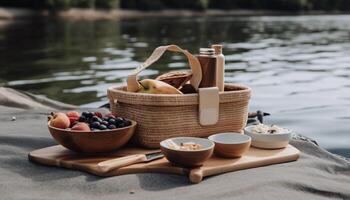 Fresh berry picnic in rustic wicker basket generated by AI photo