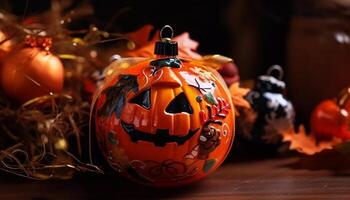 Glowing pumpkin on spooky night lights up Halloween generated by AI photo