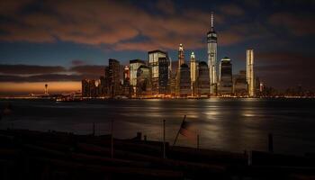 Illuminated skyline reflects in water at sunset generated by AI photo