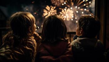 Families embracing under Christmas fire and lights generated by AI photo