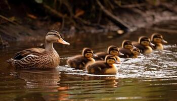 Quacking duck and goose family enjoy summer pond generated by AI photo