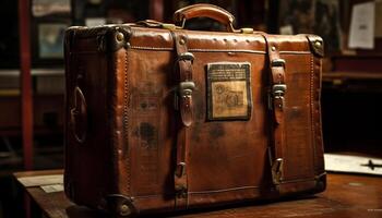 Antique leather luggage locked, waiting for adventure generated by AI photo