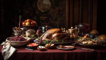 Roast turkey, vegetables, fruits homemade gourmet celebration generated by AI photo