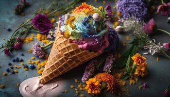 Blueberry waffle cone, gourmet indulgence in summer generated by AI photo