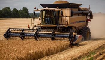 Golden combine harvesters work in wheat fields cutting generated by AI photo