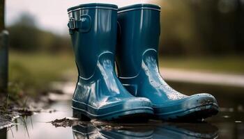 Rubber boots splashing through wet autumn mud generated by AI photo