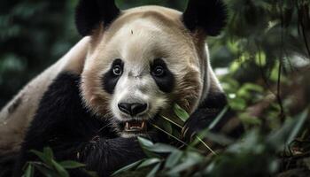 Cute young panda sitting in nature lap generated by AI photo