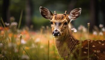 Cute fawn grazing in green meadow generated by AI photo