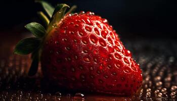 Juicy, ripe strawberry on fresh green leaf generated by AI photo