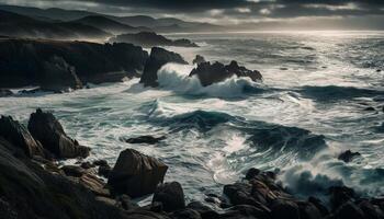 Majestic sunset over crashing waves on rocks generated by AI photo