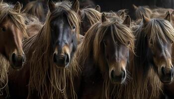 Summer foal grazes on rural meadow pasture generated by AI photo