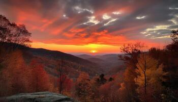 Vibrant sunrise illuminates majestic mountain landscape silhouette generated by AI photo