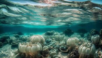 School of fish in colorful reef landscape underwater generated by AI photo