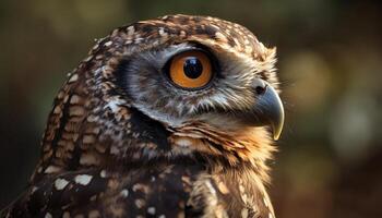 Horned owl perching, wisdom in its eyes generated by AI photo