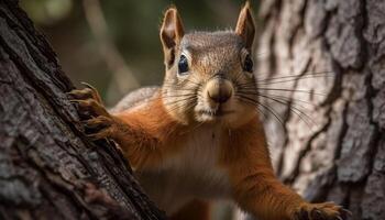 Fluffy squirrel munching on acorns in tree generated by AI photo