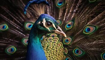 majestuoso pavo real muestra vibrante elegancia en naturaleza generado por ai foto