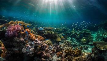 Multi colored reef fish swim in tropical water generated by AI photo