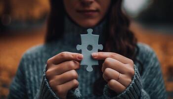 Young adult women solving puzzle together successfully generated by AI photo