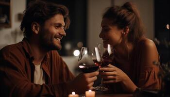 sonriente Pareja sesión, unión Bebiendo rojo vino generado por ai foto