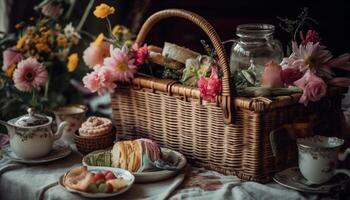 Rustic still life of homemade gourmet dessert generated by AI photo