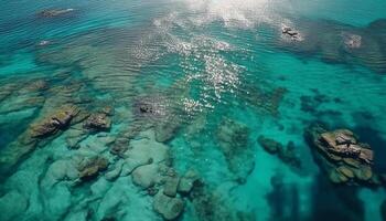 Turquoise ocean waves surround the idyllic coastline generated by AI photo