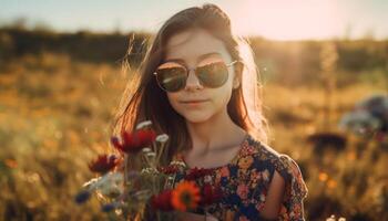 Summer beauty in nature, one woman smiling generated by AI photo