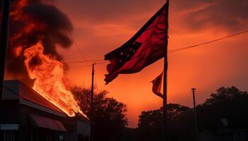 A blazing orange sun sets atop the flagpole generated by AI photo