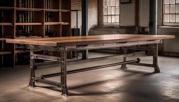 Modern elegance Empty desk and bookshelf in loft apartment generated by AI photo