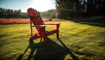 Sunset bench in tranquil meadow of rural park generated by AI photo