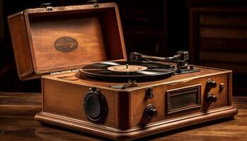 Analog gramophone turning on antique wooden table generated by AI photo