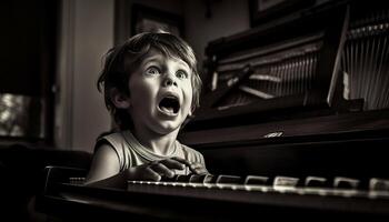 niño músico jugando piano llave con concentración generado por ai foto