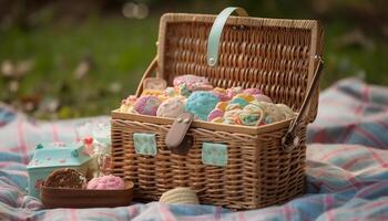 Homemade gourmet desserts in wicker picnic basket generated by AI photo