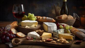 A rustic cheese board with gourmet variations generated by AI photo