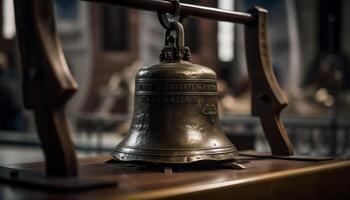 Old fashioned metal handbell with rusty brass handle generated by AI photo