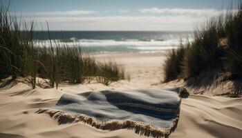 Yellow grass sways over tranquil sand dune generated by AI photo