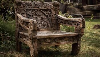 Rustic chair on old grass amidst tranquil scenery generated by AI photo