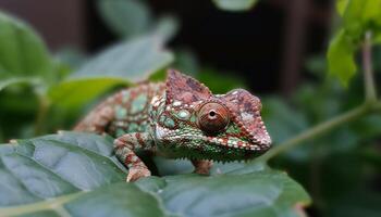 Veiled chameleon, spotted on tropical rainforest branch generated by AI photo