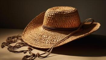 antiguo pasado de moda tejido Paja vaquero sombrero en madera generado por ai foto